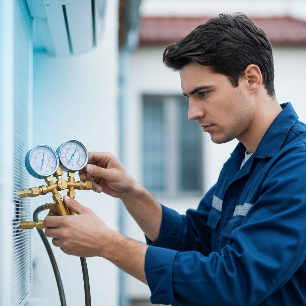 Checking AC refrigerant gas pressure with gauge set