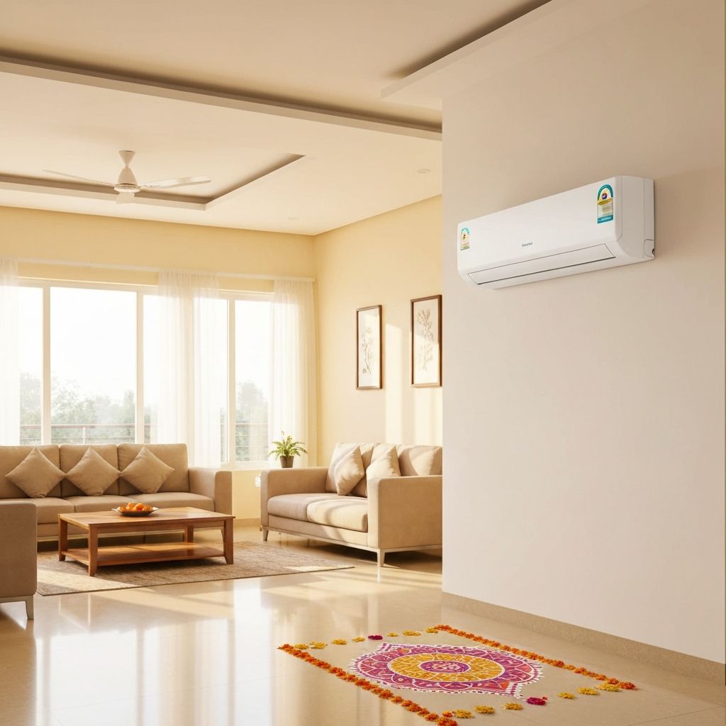 Freshly installed split AC in a modern Indian living room